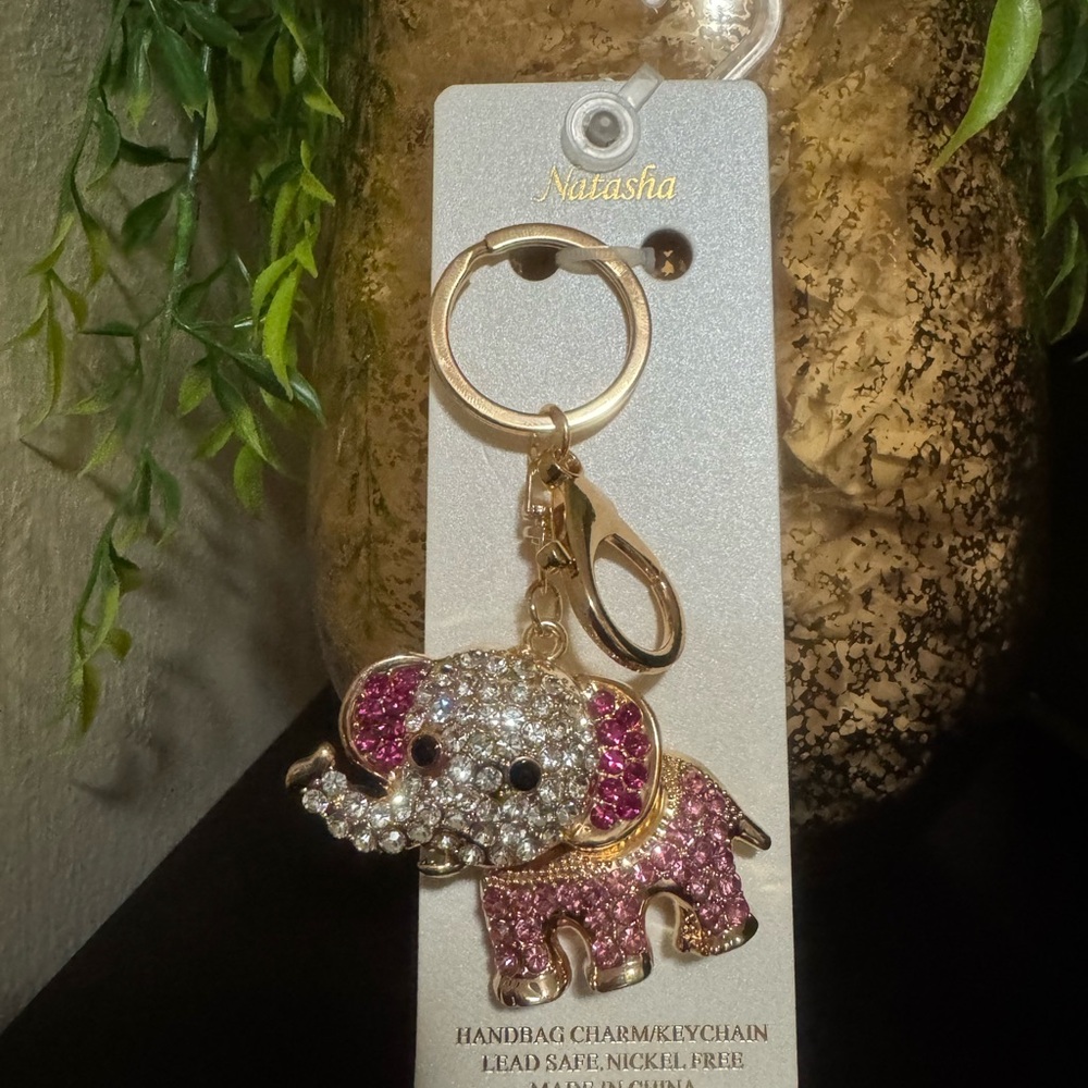 Natasha Couture Gold Tone Elephant Keychain with Pink and Clear Rhinestones